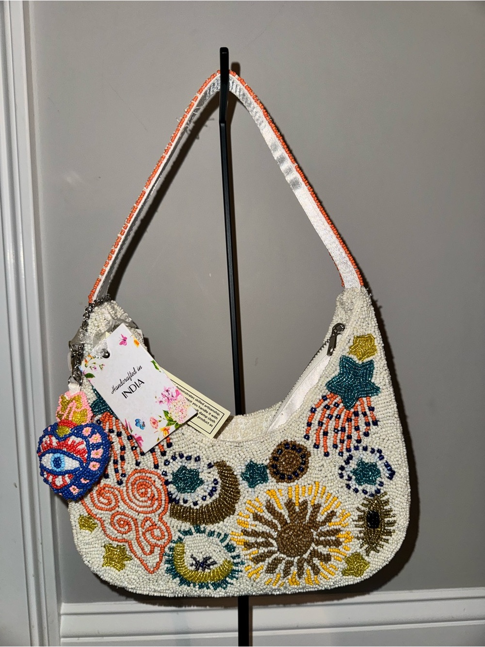 Beaded White Floral Embroidered evil eye